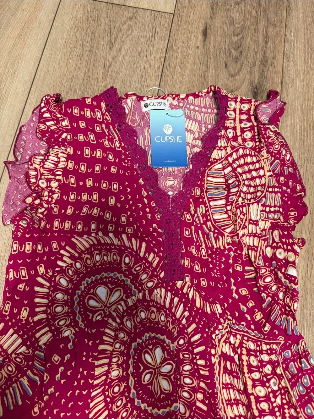 Cupshe NWT S maroon & tan boho Printed crochet neckline Swim Cover-Up mini Dress